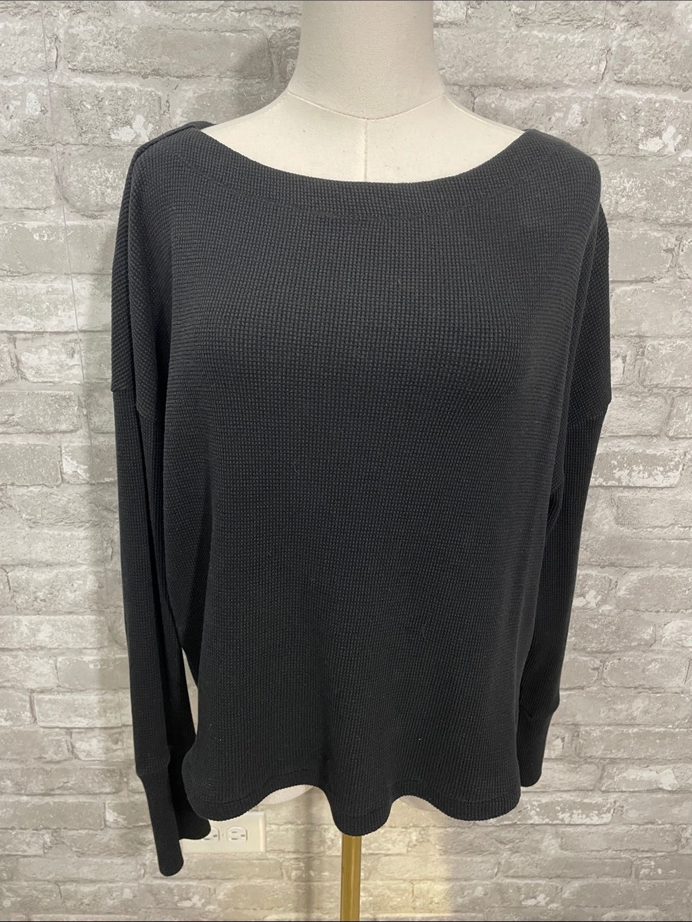 Anthropologie Akemi + Kin Black Waffle-Knit Boatneck Long Sleeve Top